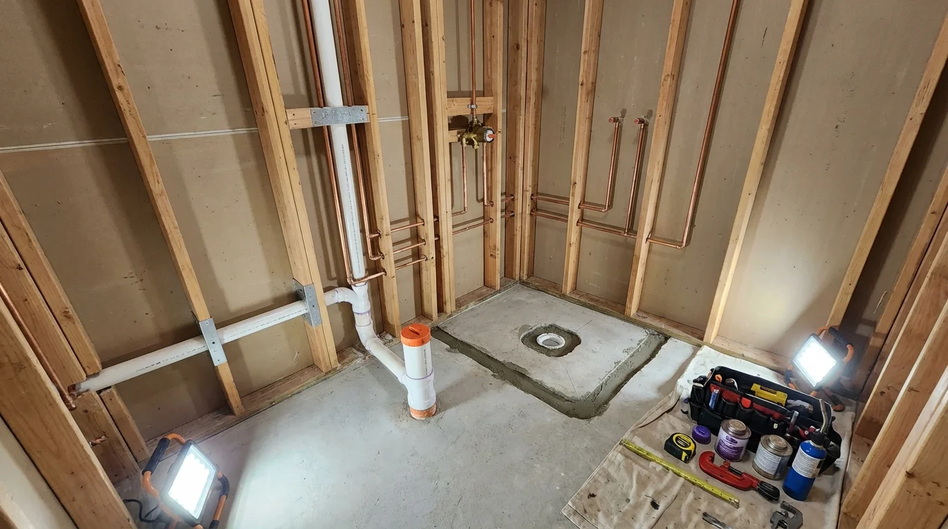 Bathroom rough-in plumbing during remodel by Johns Plumbing LLC in Temperance