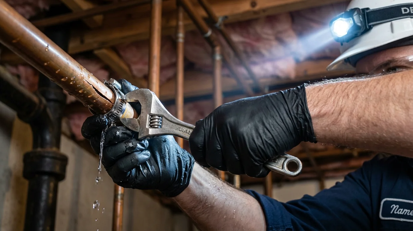 Emergency pipe clamp repair being performed by a Johns Plumbing LLC plumber in Temperance