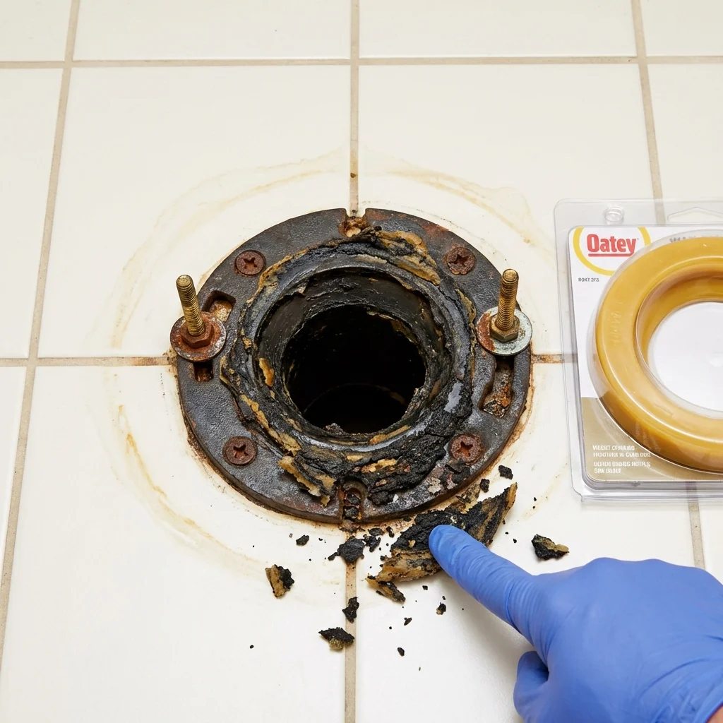 Failed wax ring showing water seepage at the base of a toilet in a Temperance, MI home